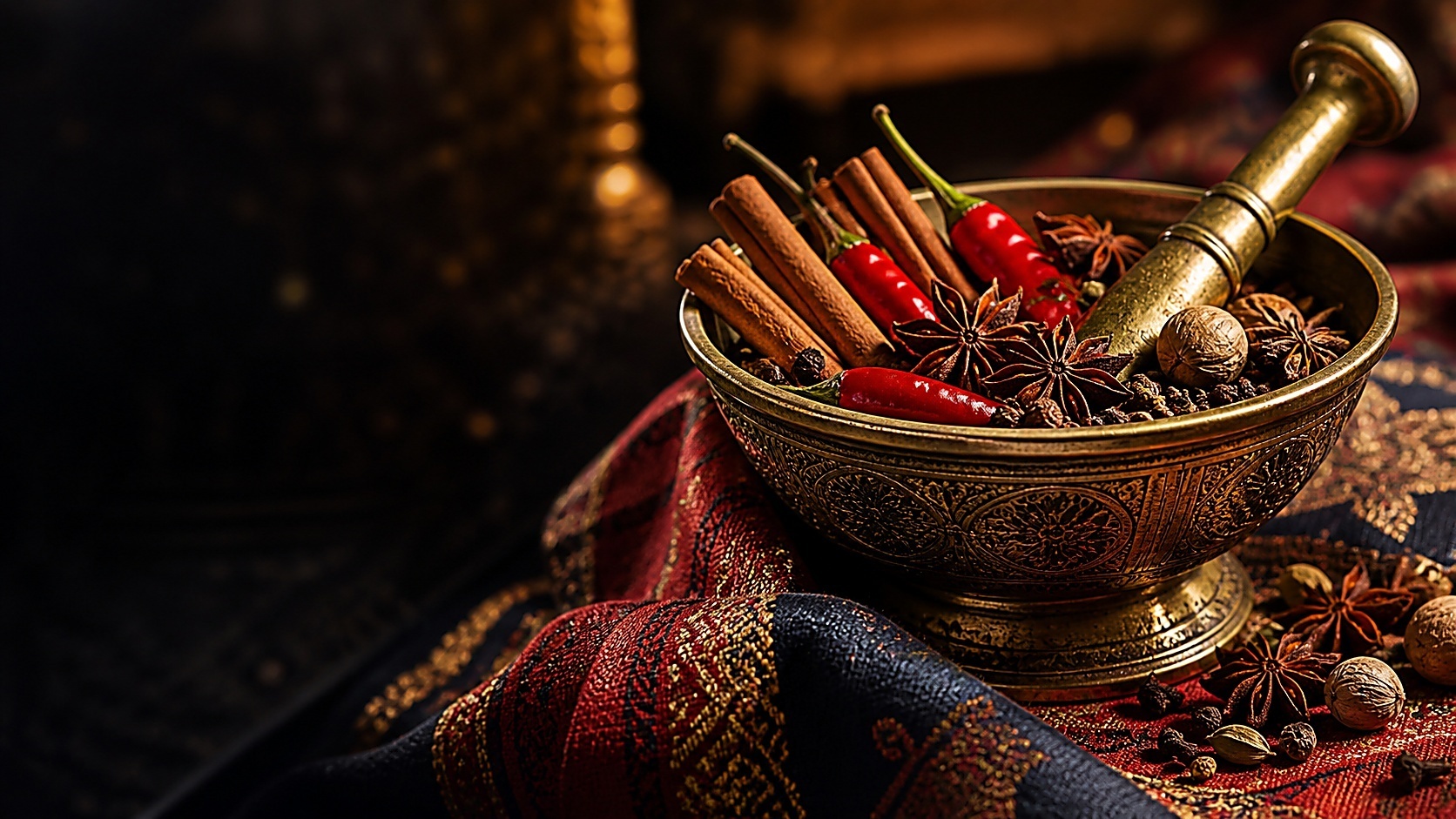 Warm spice ingredient mood with Indonesian heritage texture